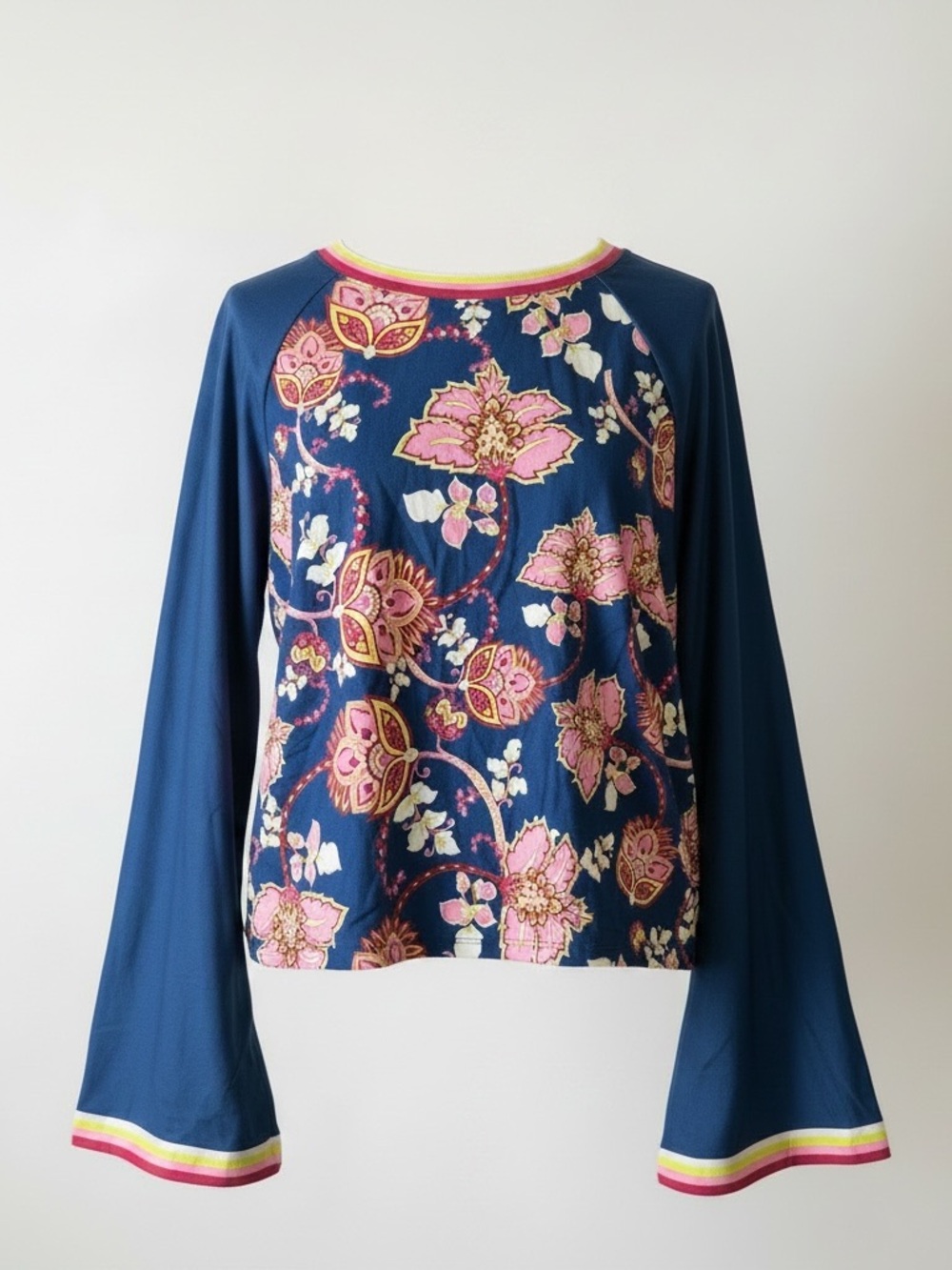 Johnny Was Active Floral Performance Long Sleeve Top Blue Pink Relaxed Size L